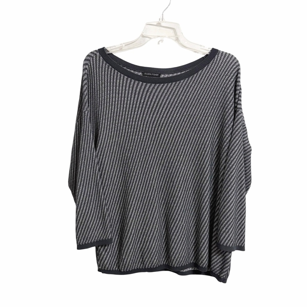 Eileen Fisher Oversize Boat Neck Sweater Womens S Gray White Stripes Textured